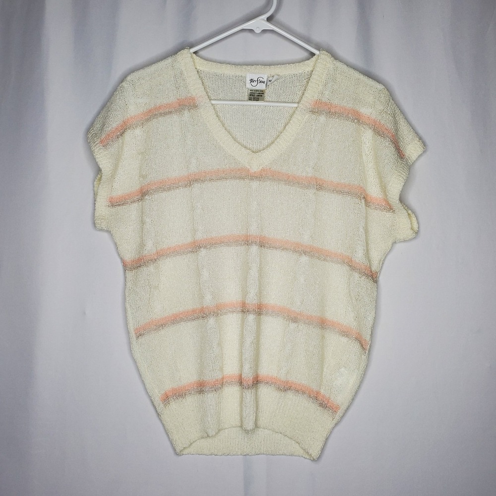 Tanjay 70s Vtg Sweater Womens Jrs XL Cap Sleeve V-Neck Vest Semi-Sheer Stripe